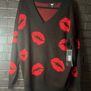 Black V-Neck Sweater with Red Lips by